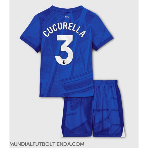 Camiseta Chelsea Marc Cucurella #3 Primera Equipación Replica 2025-26 para niños mangas cortas (+ Pantalones cortos)